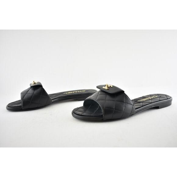 Chanel REV Black Turnlock Quilted Gold CC Logo Mules Slide Sandal Flop Flat 37 - Picture 10 of 12